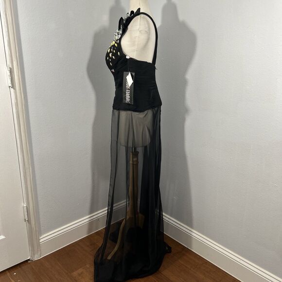 Precious Formals Dress Womens 6 Black One Shoulder Rhinestones Flowy Hoco - Picture 5 of 8